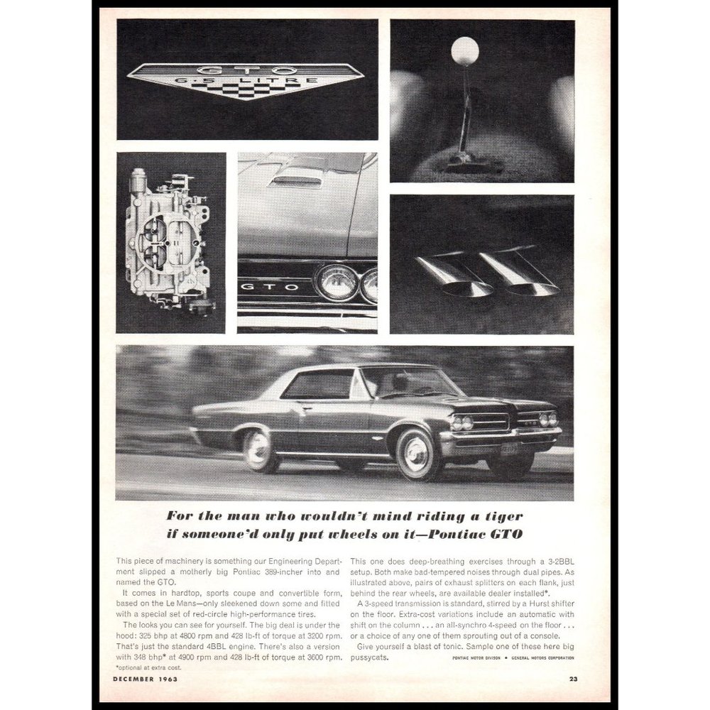 1964 Pontiac GTO Sports Coupe Vintage Print Ad Shifter Tailpipes Wall Art Photo